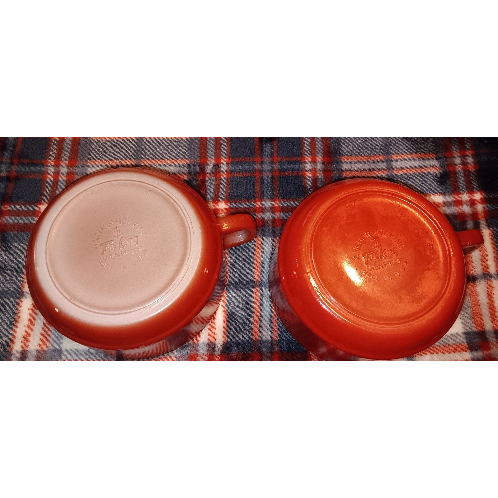 Two Vintage Anchor Hocking Fire-King Red D-handle soup bowls or chili mugs.