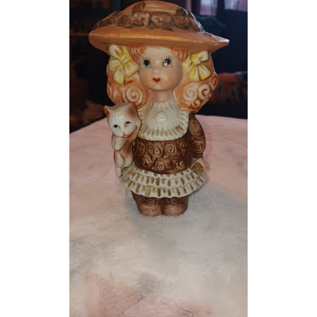 Holly Hobby Girl with Cat & Large Floral Hat Vintage Porcelain Figurine 1970s
