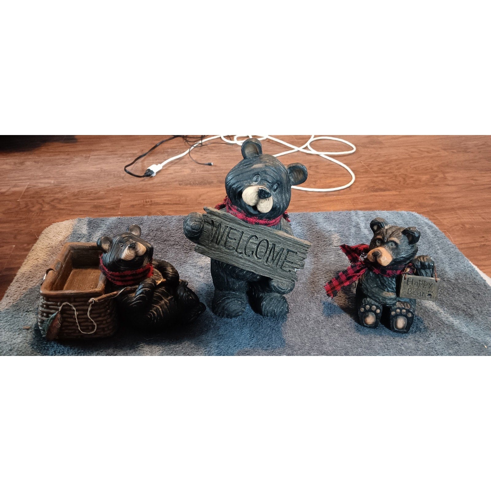 Black Bear Resin Figures Lot of 3 Fish Basket, Welcome Decor, Happy Bear Decor