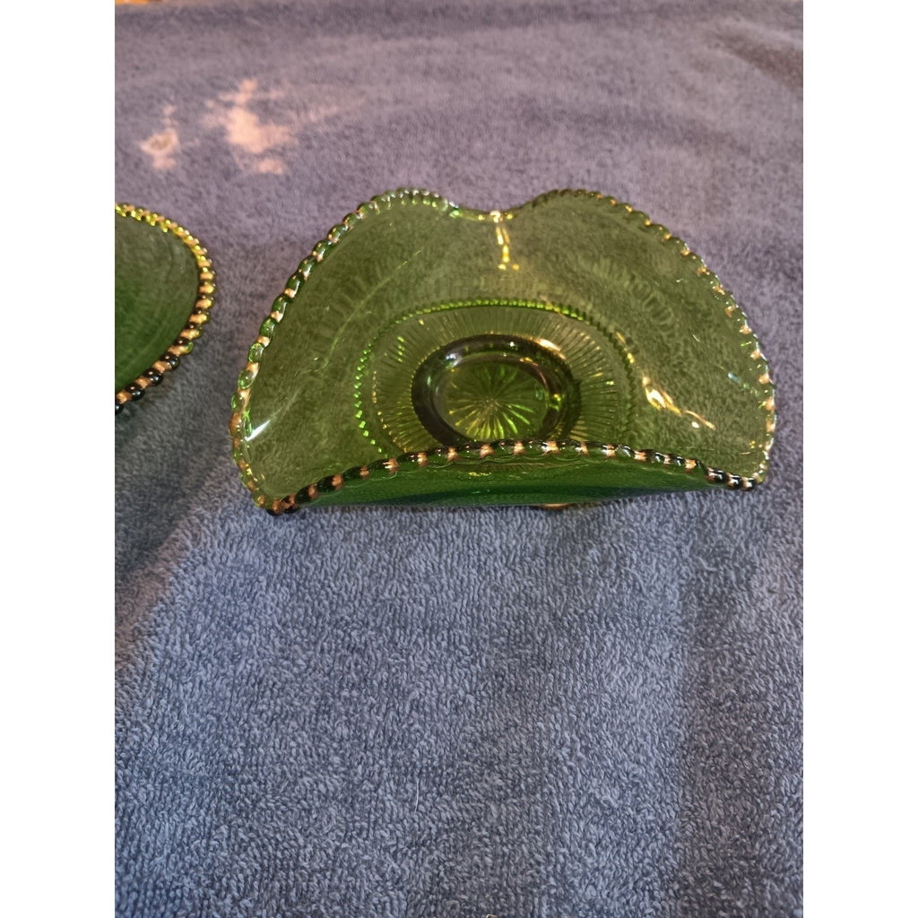 Lot Of 2 Emerald Colorado Greed Lacy Medallion Dish And Wavy Trinket Dish