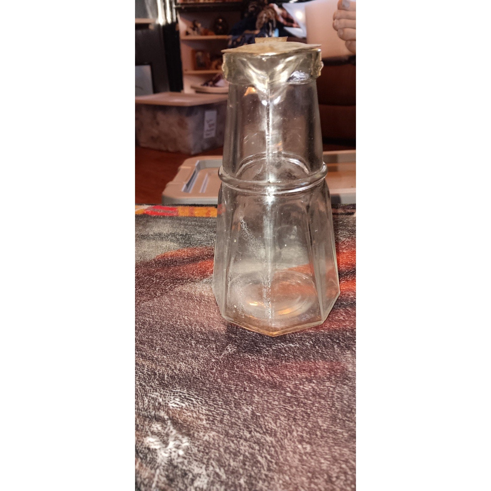 Antique 6" Tall Glass Syrup Pitcher with Spring-Loaded Metal Lid