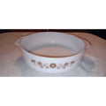 L@@k: Vintage Dynaware Pyr-O-Rey Round 8" Casserole Dish Brown Daisy Milk Glass