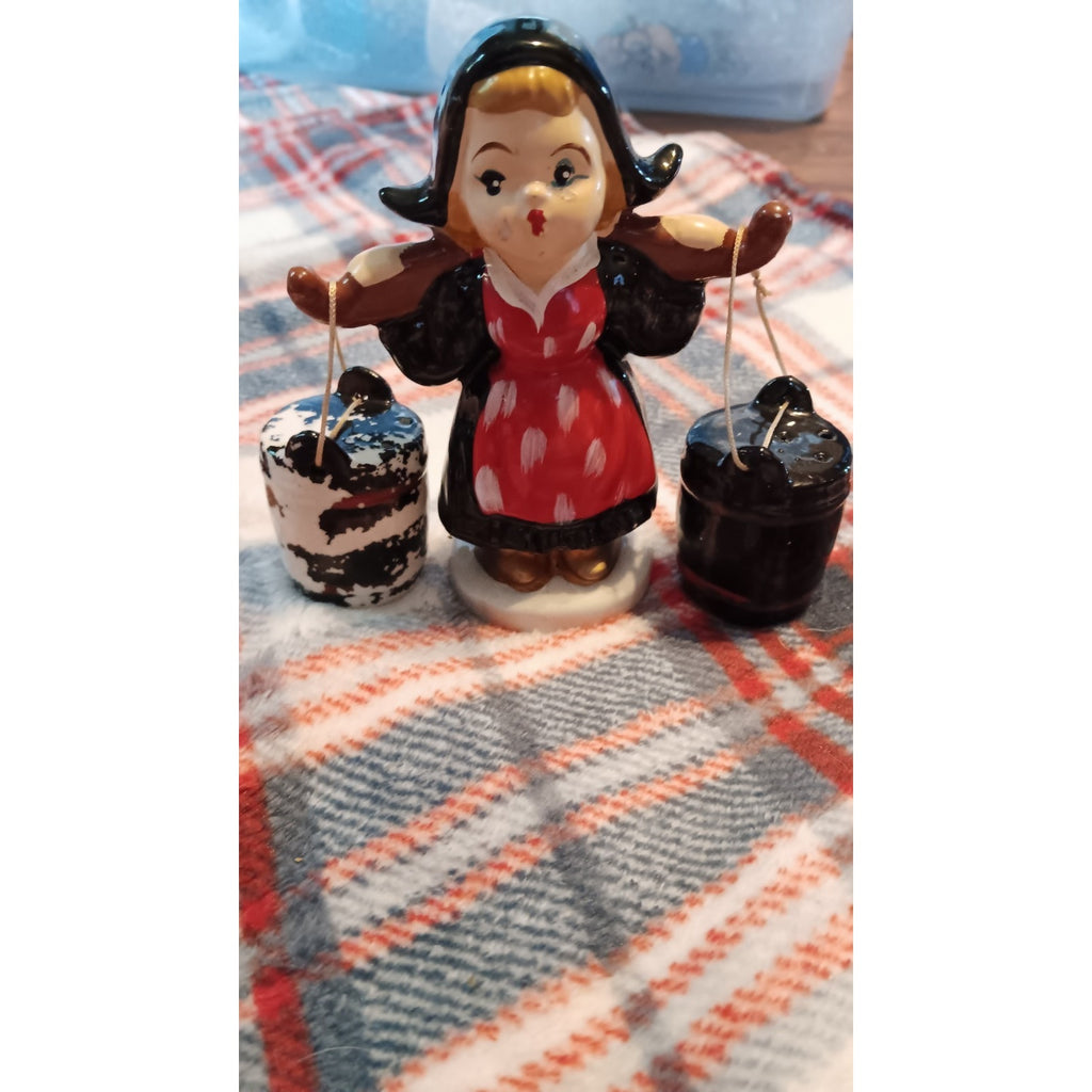 Salt And Pepper Shakers Girl Carrying Jugs Of Water Made In Japan W/corkSalt And