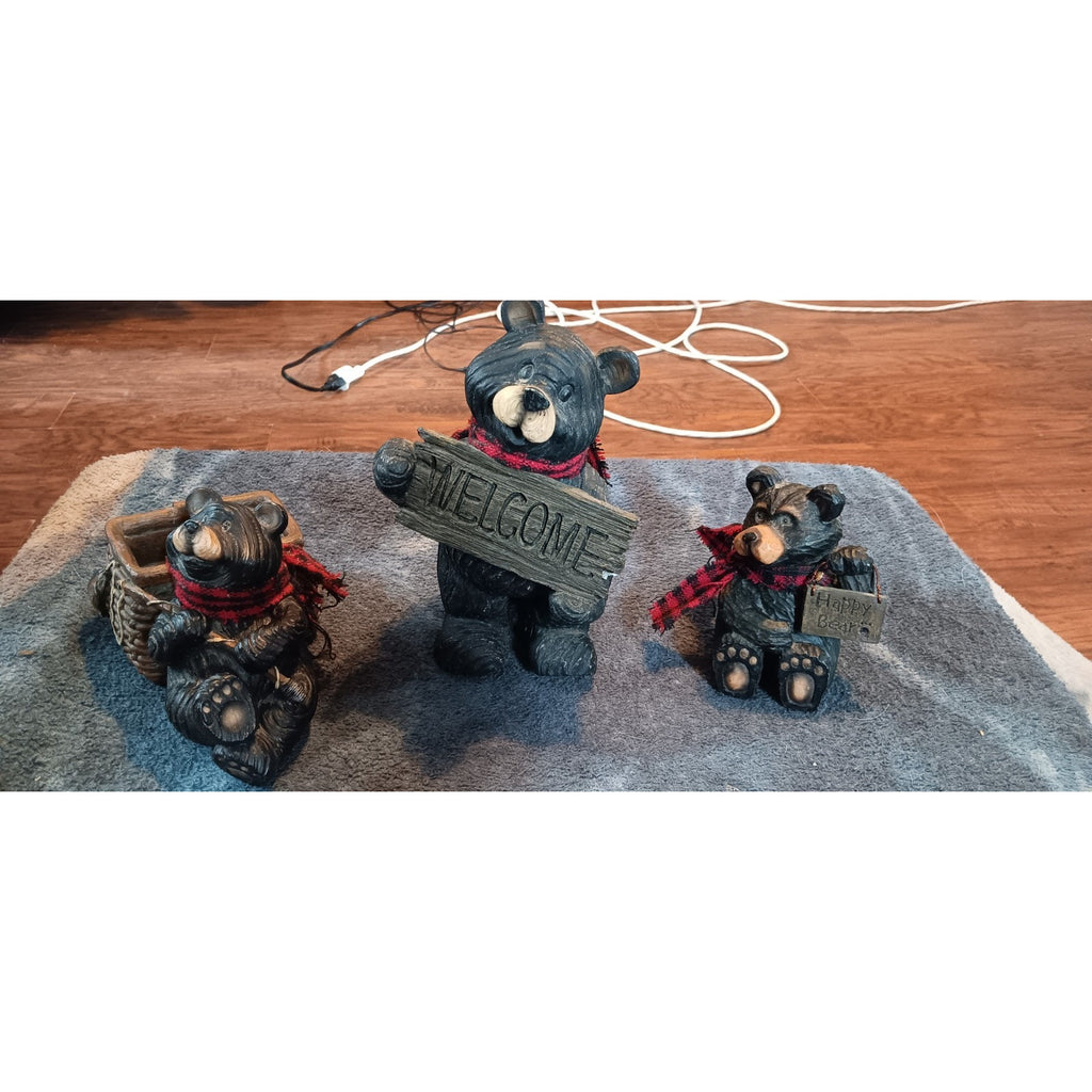 Black Bear Resin Figures Lot of 3 Fish Basket, Welcome Decor, Happy Bear Decor