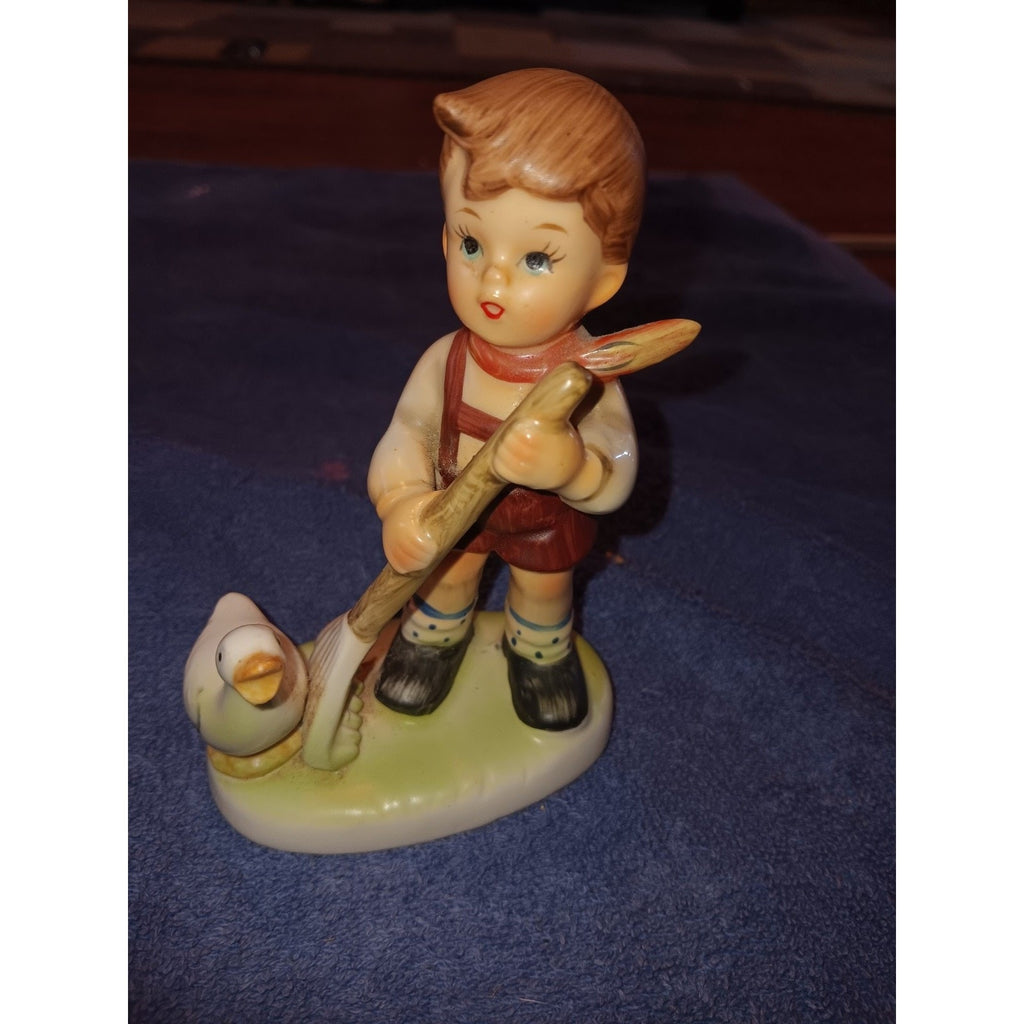Vintage Napcoware Fine Porcelain Figurine Boy Raking With A Duck