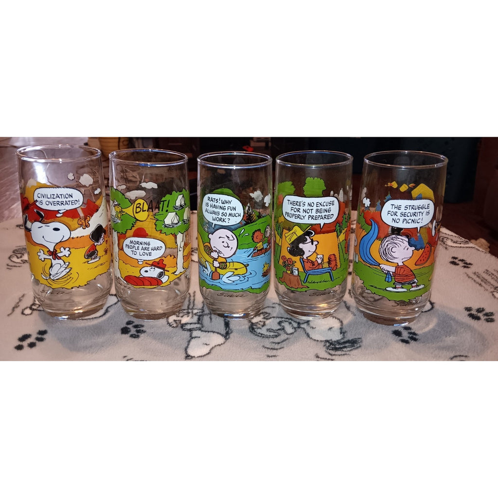Complete Set Of (5) Vintage Camp Snoopy McDonalds Promo Glasses Nice 1983