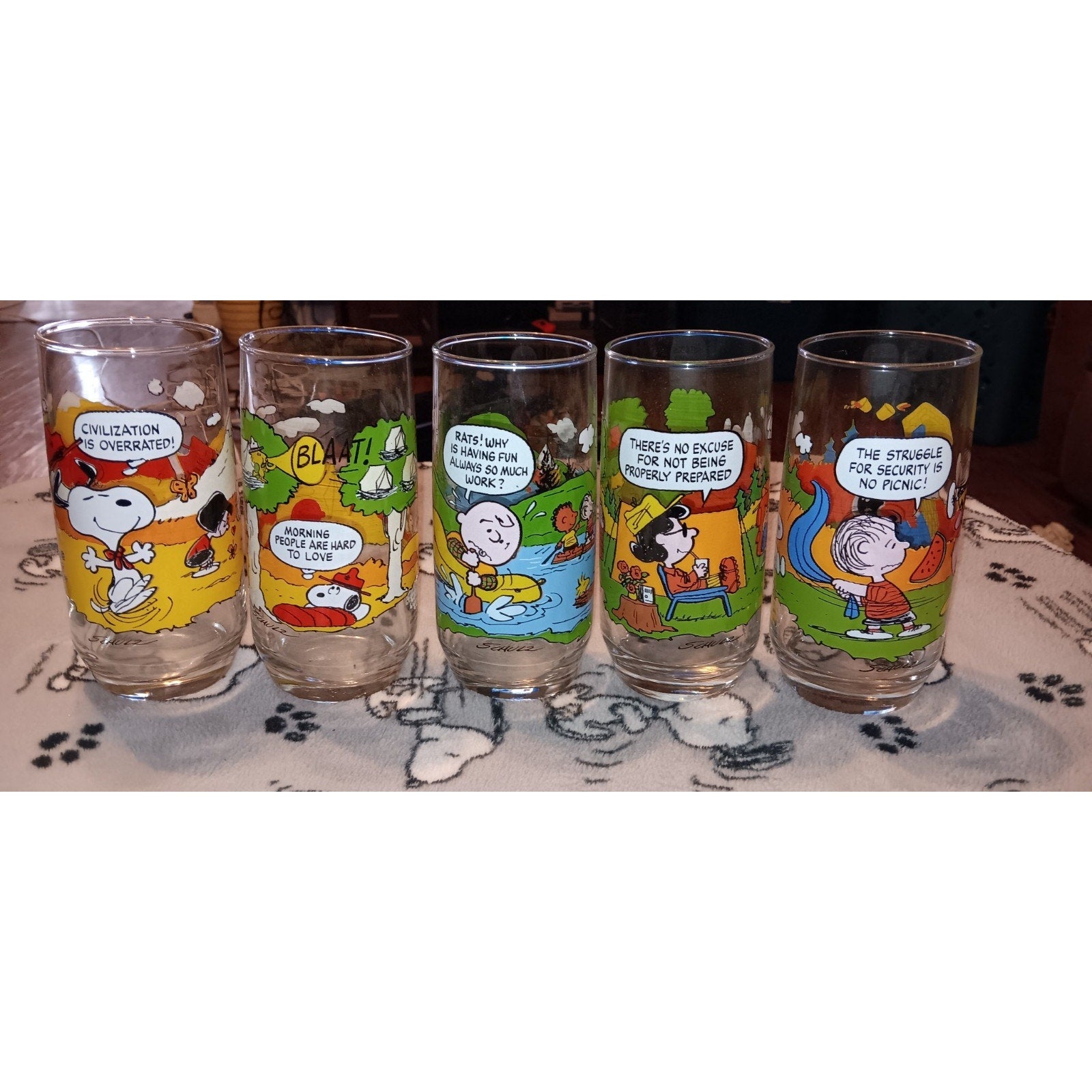 Complete Set Of (5) Vintage Camp Snoopy McDonalds Promo Glasses Nice 1983