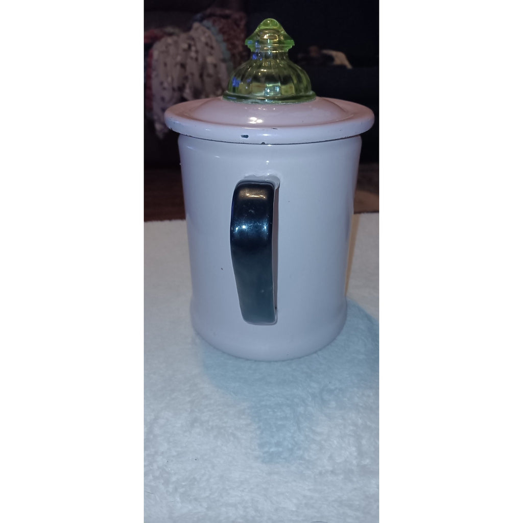 Rare Light Pink & Black Enamelware Coffee Pot W/ Green uranium glass Percolator