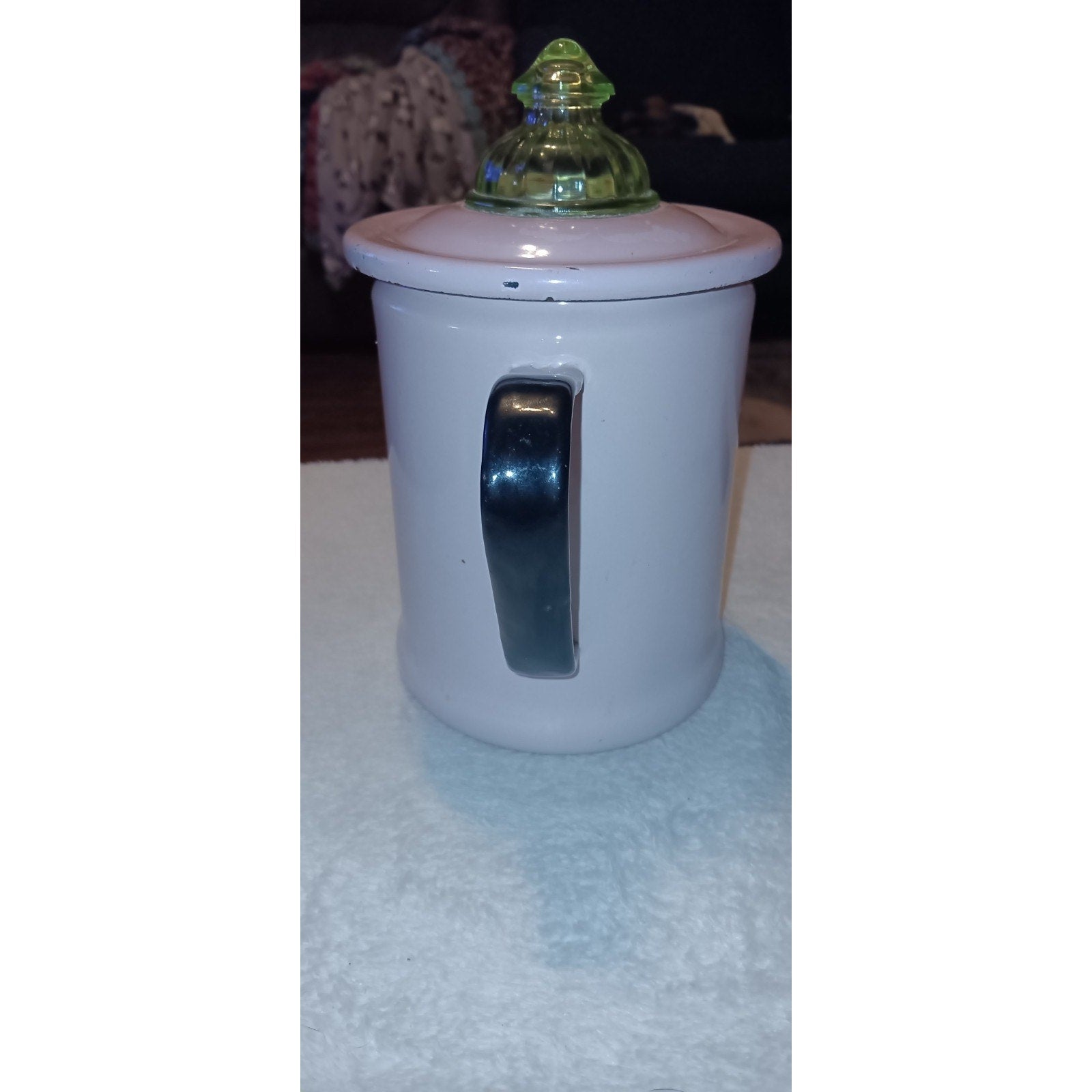 Rare Light Pink & Black Enamelware Coffee Pot W/ Green uranium glass Percolator