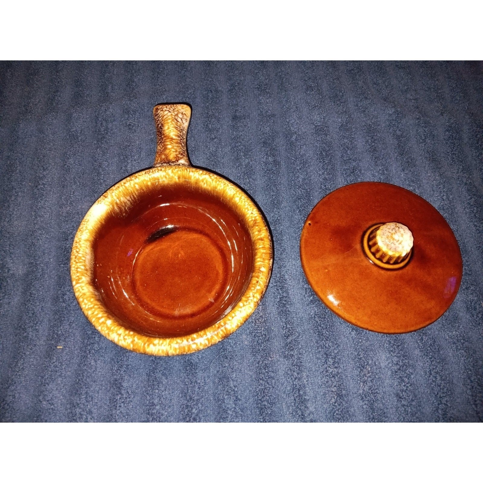 Hull Pottery Oven Proof USA Brown Drip Glaze Soup Bowl Cover Handled Ramekin Vtg