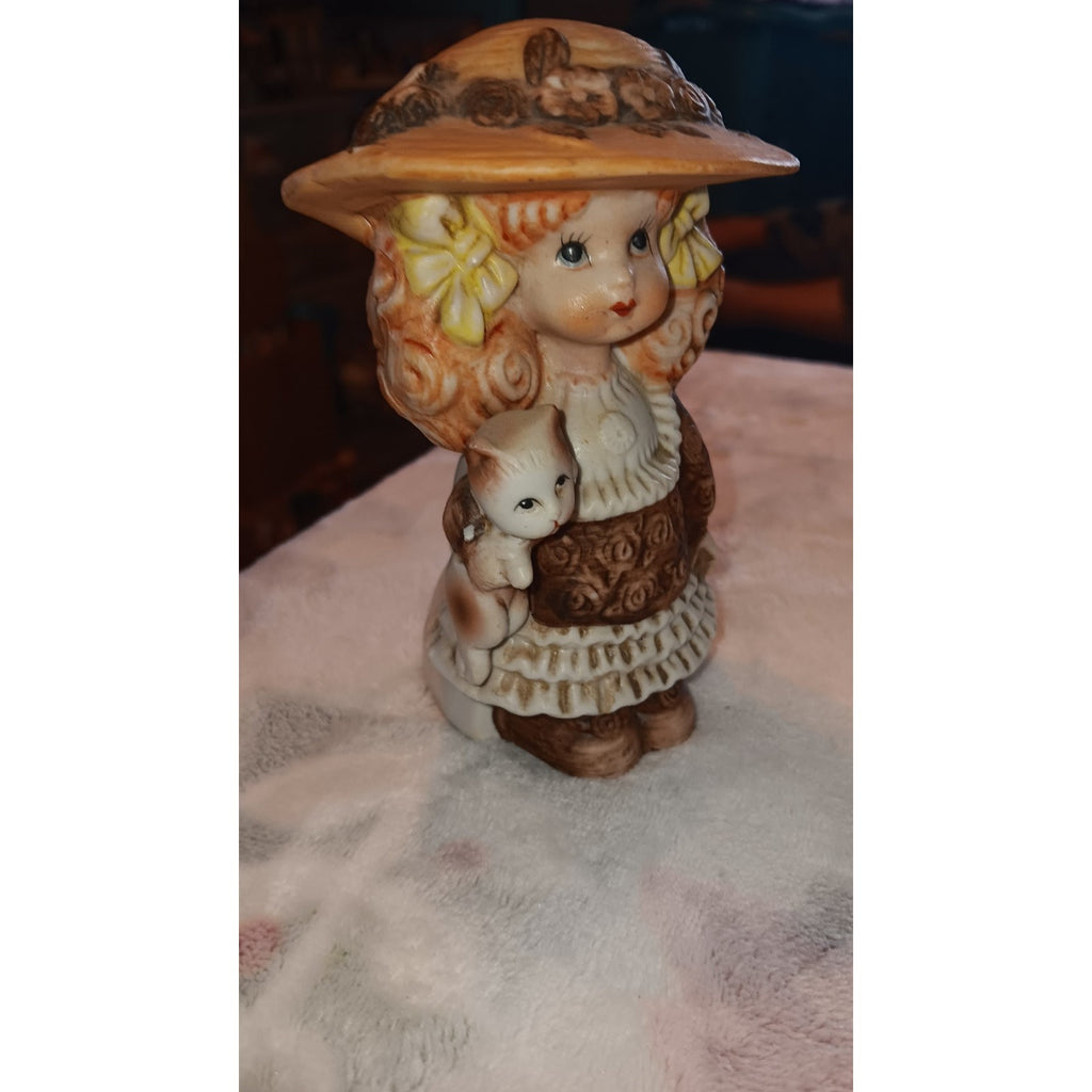 Holly Hobby Girl with Cat & Large Floral Hat Vintage Porcelain Figurine 1970s