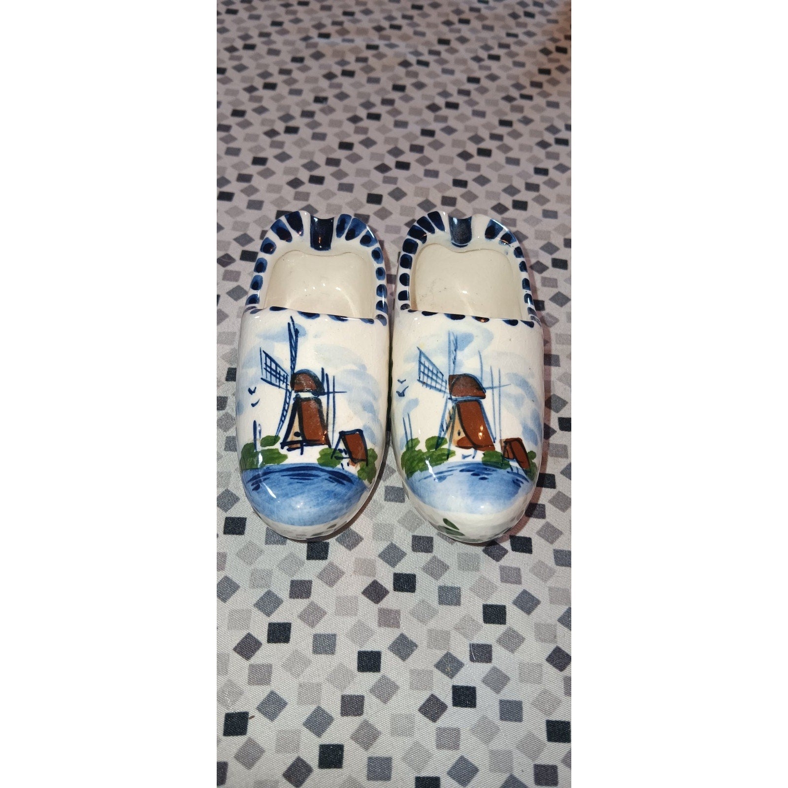 Mini Dutch Delft Clog Ashtray Shoes Holland Hand Painted Windmill Ceramic 3" VTG