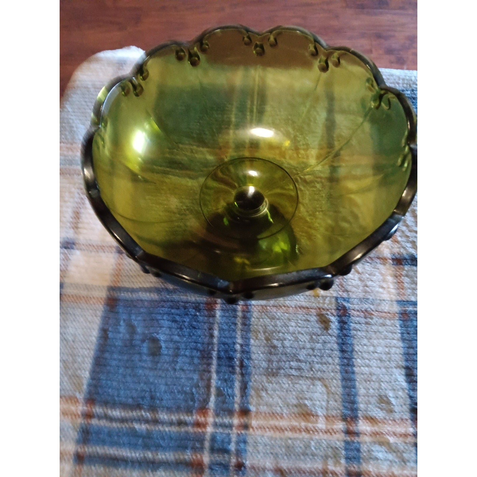 Indiana Glass Avocado / Olive Green Pedestal Teardrop Glass Compote Fruit Bowl