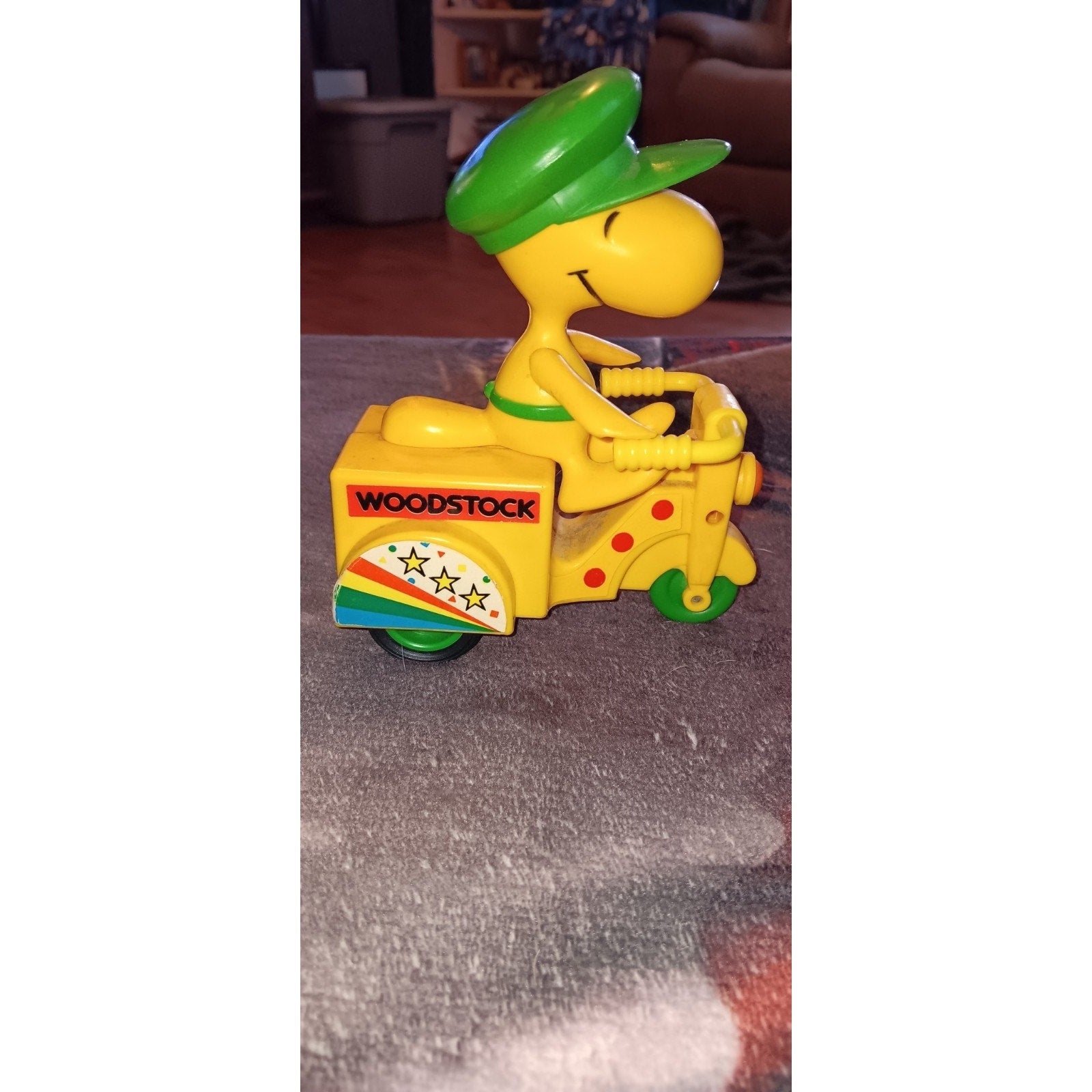 Woodstock Peanuts Cartoon on Yellow 3 wheel Motor Scooter vintage Plastic Toy