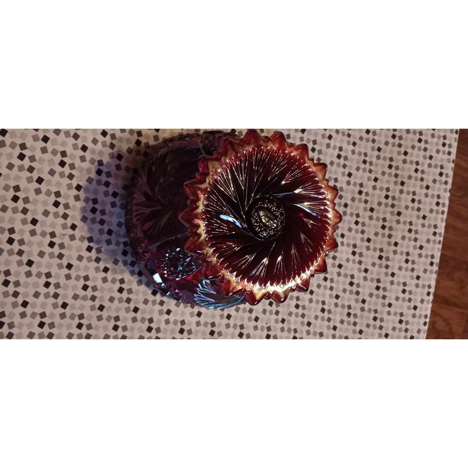 Fenton Ruby Red Glass Carnival Pinwheel Iridescent Sawtooth Edge Candy Bowl Art