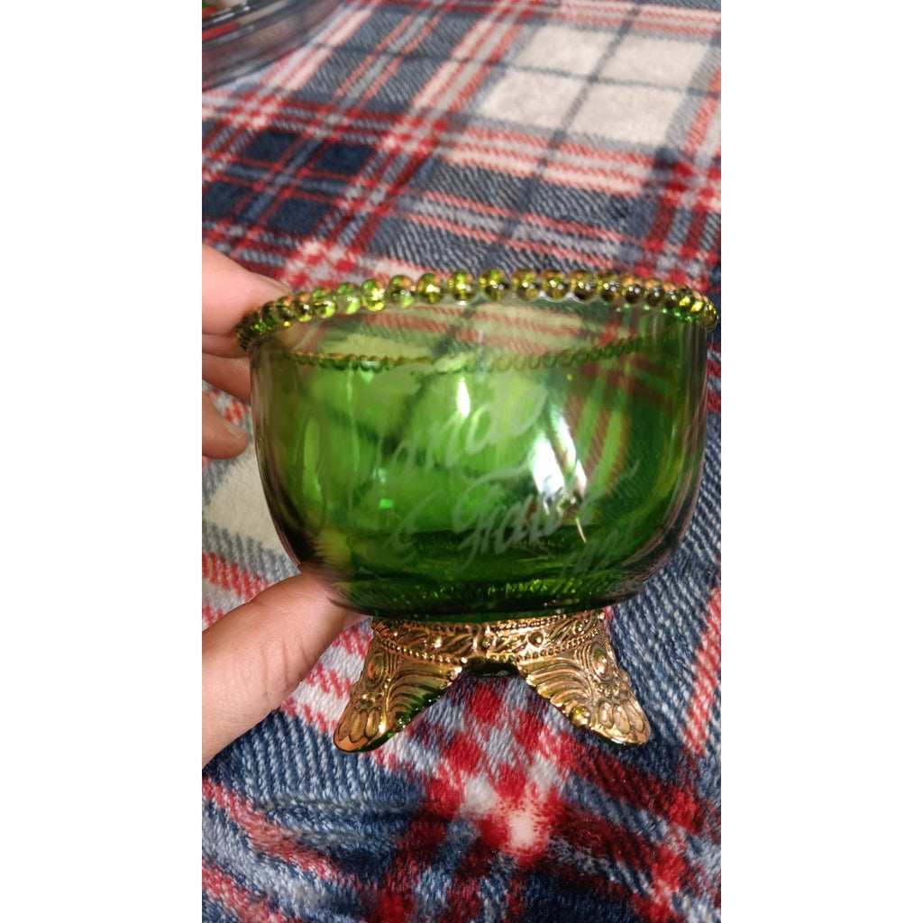2 Antique Green US Glass Colorado Lacy Medallion Footed Bowl “Orlando's Fair”