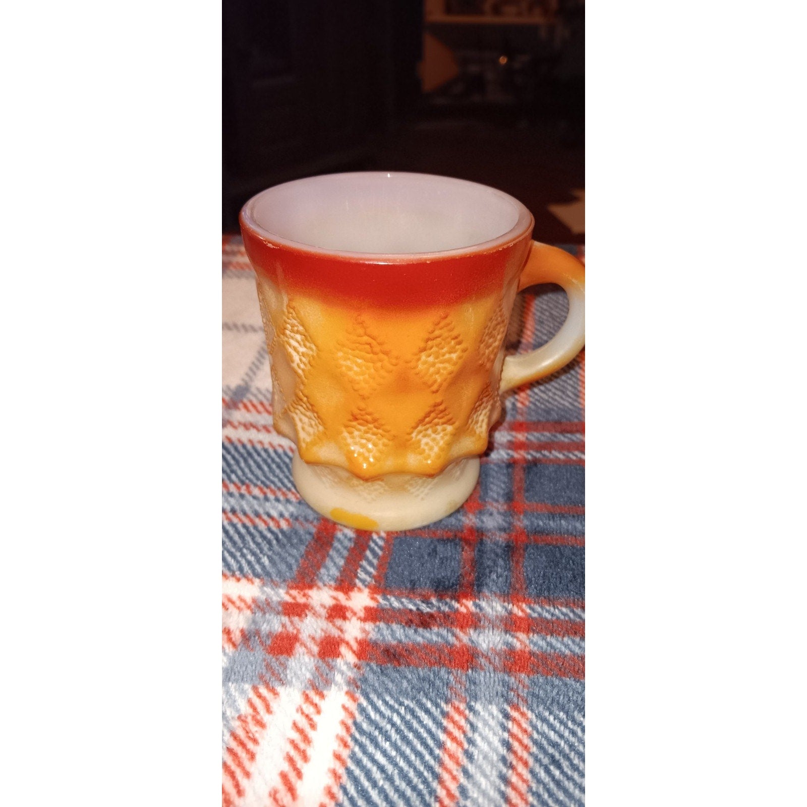 Vintage Anchor Hocking Fire King Orange Coffee Cup Mug Kimberly Diamond Pattern