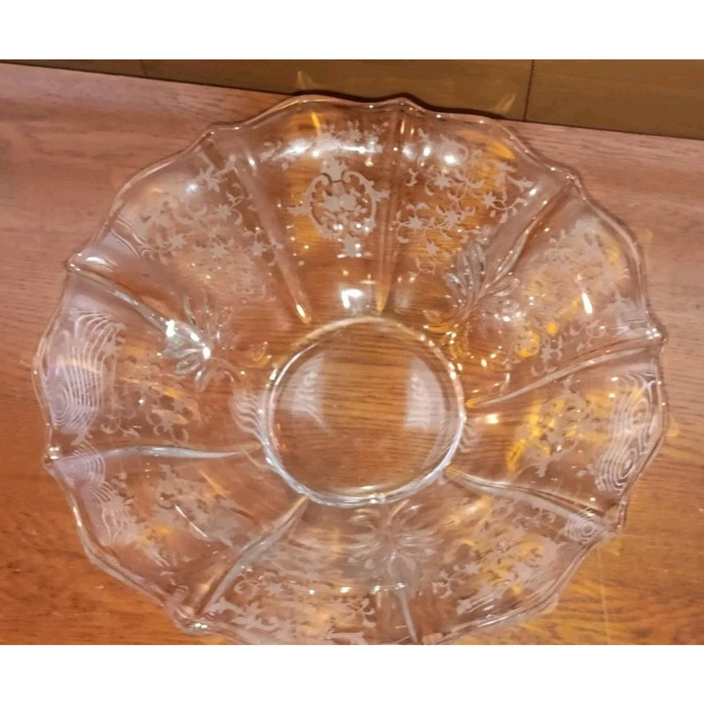 Fostoria Navarre Bowl 12.5 Elegant Footed Floral Etched W/ Baroque Wing Flar VTG