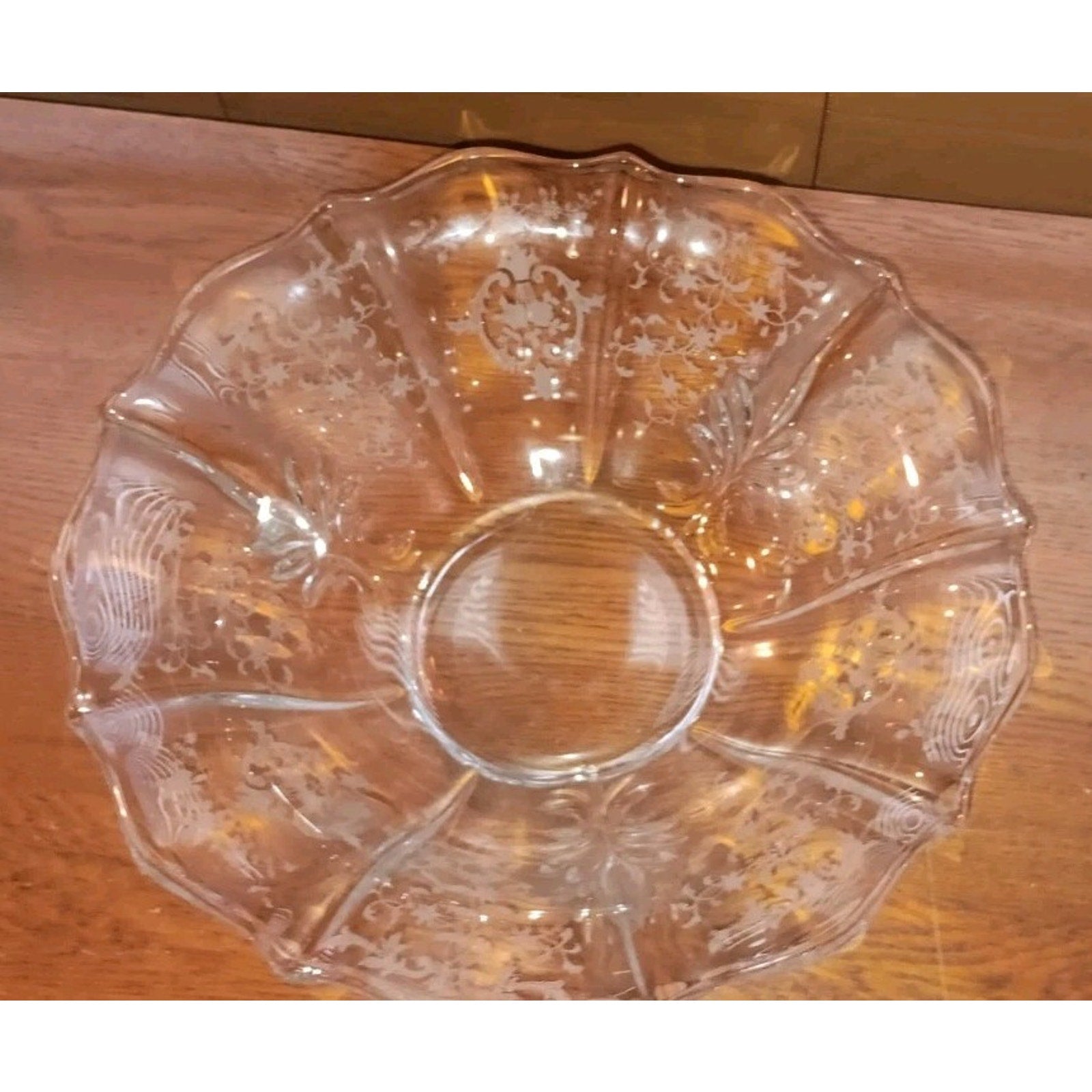Fostoria Navarre Bowl 12.5 Elegant Footed Floral Etched W/ Baroque Wing Flar VTG