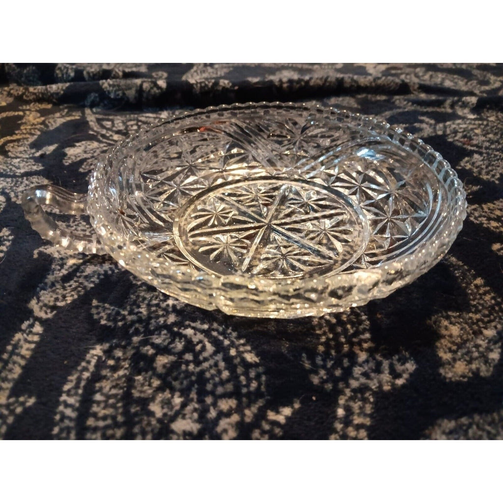 Vintage Cut Glass Dish W Handle 6” X 6”