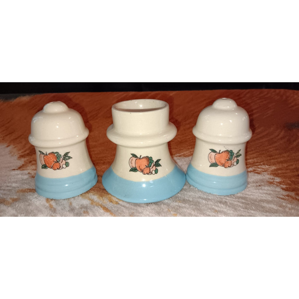 Vintage Blue and White Salt & Pepper Shakers w/ Apple Pattern and Candle Holder