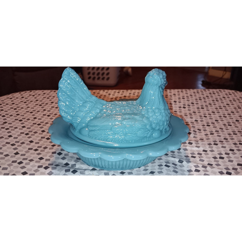 Pre-owned Mosser 6.5" Georgia Blue Glossy Glass Hen Chicken on Nest