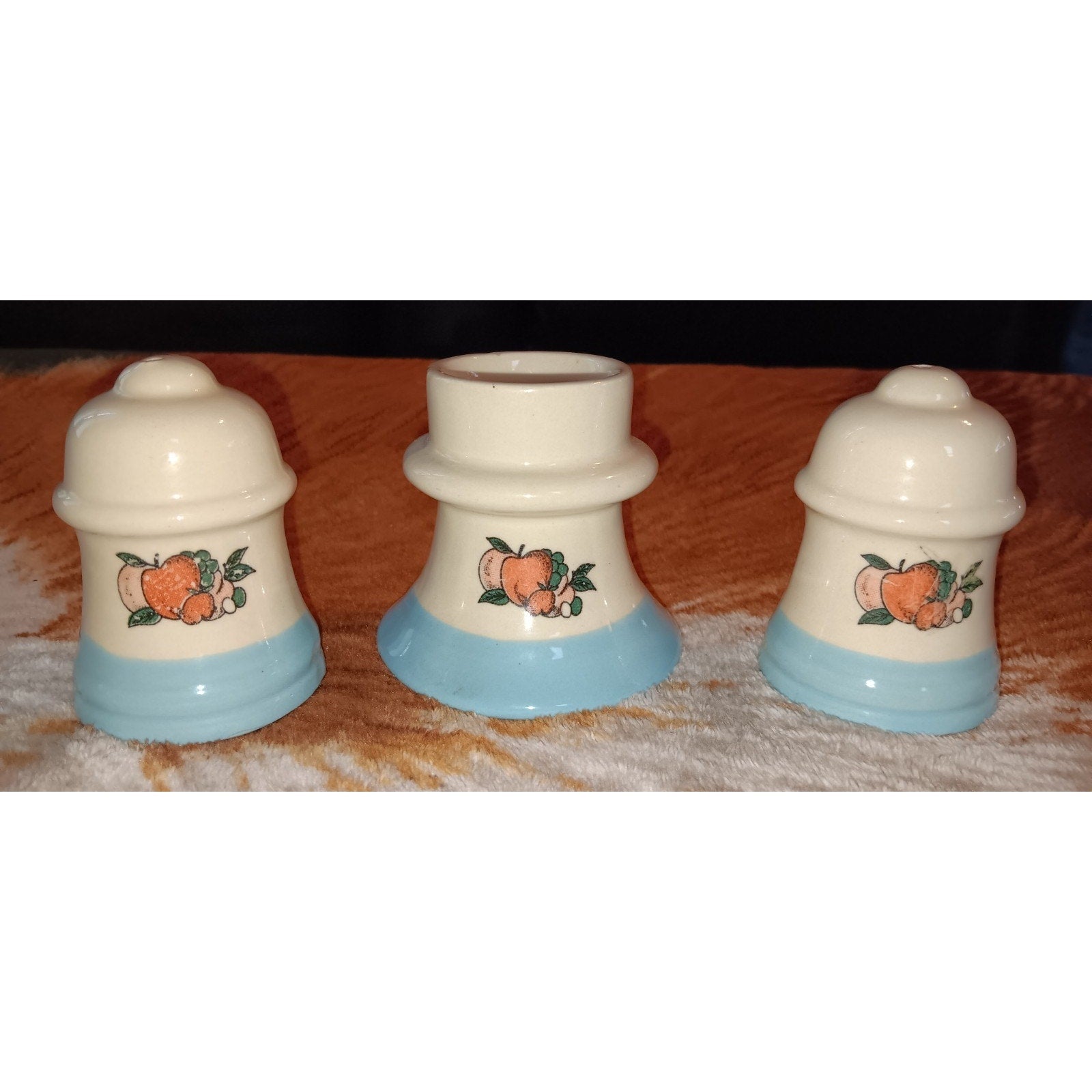 Vintage Blue and White Salt & Pepper Shakers w/ Apple Pattern and Candle Holder