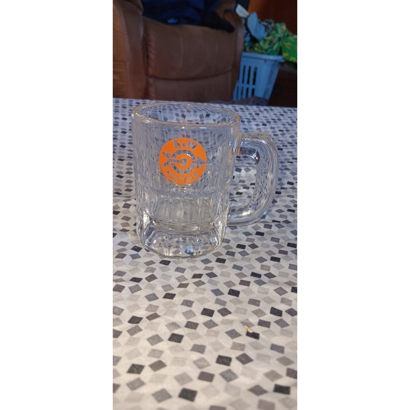1960s VTG A&W Root Beer Mini Mug Clear Glass Bullseye Arrow Orange Logo AW 3.25"