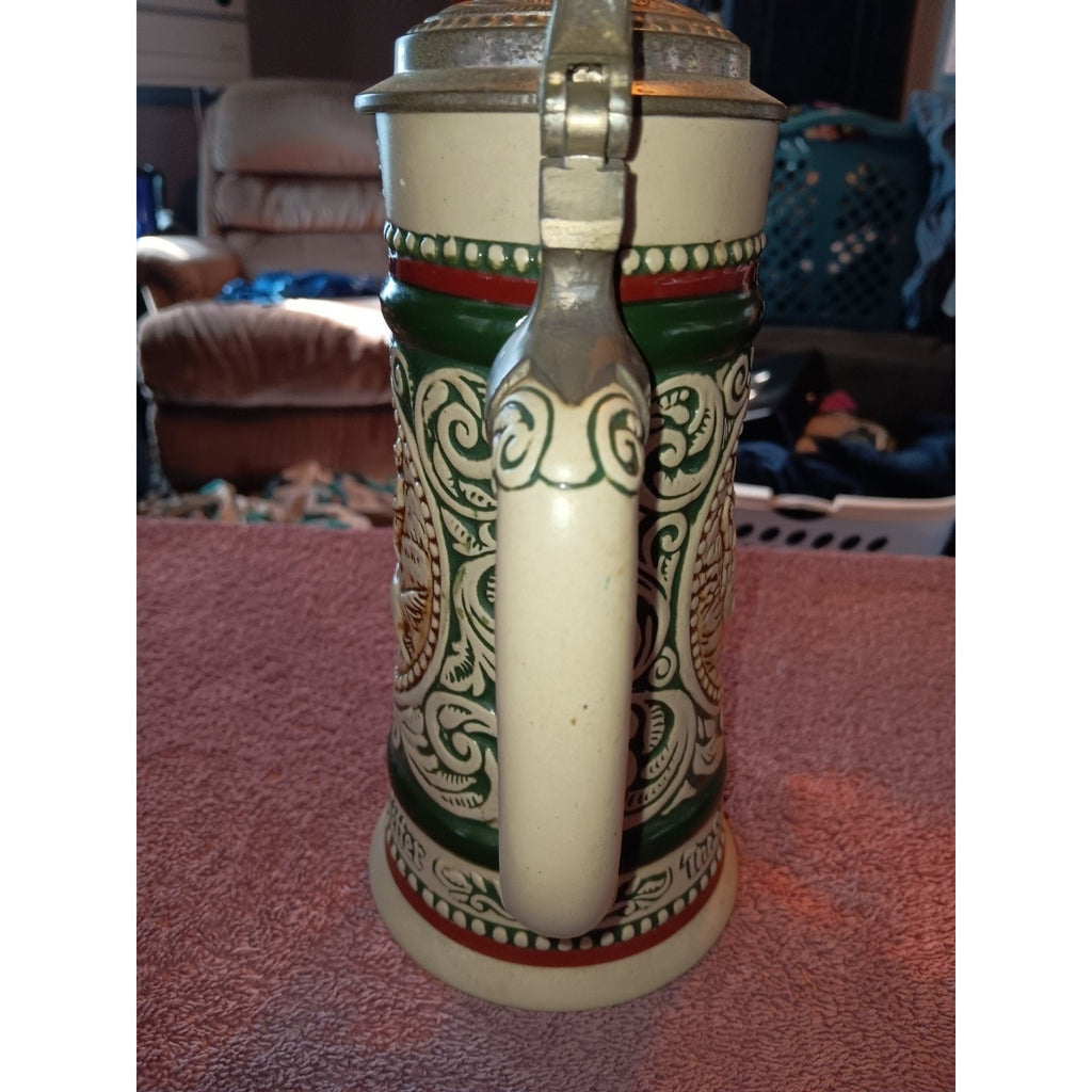 Vintage 1978 Pewter Top Beer Stein, Irish Setter and Rainbow Trout, Brazil 9''