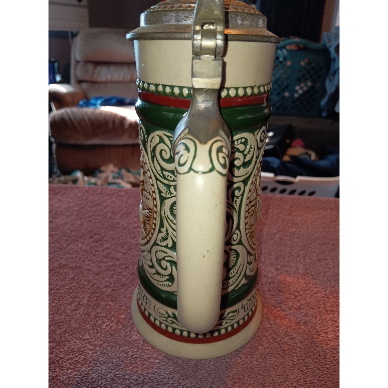 Vintage 1978 Pewter Top Beer Stein, Irish Setter and Rainbow Trout, Brazil 9''