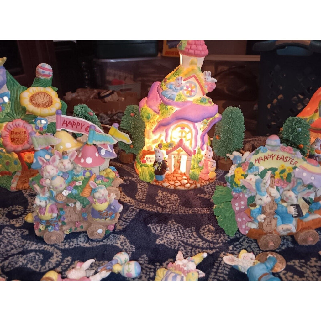 Lighted Easter Village Porcelain Houses Figures 21 Pc See Pics Really Nice