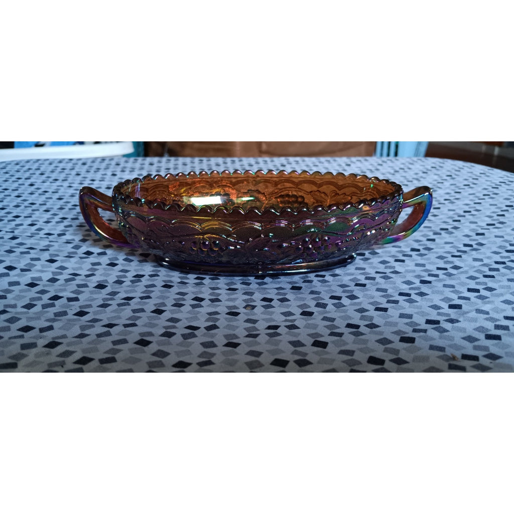 Vintage Imperial Grape Cable Carnival Glass Oval Handled Saw Tooth Rim Bowl