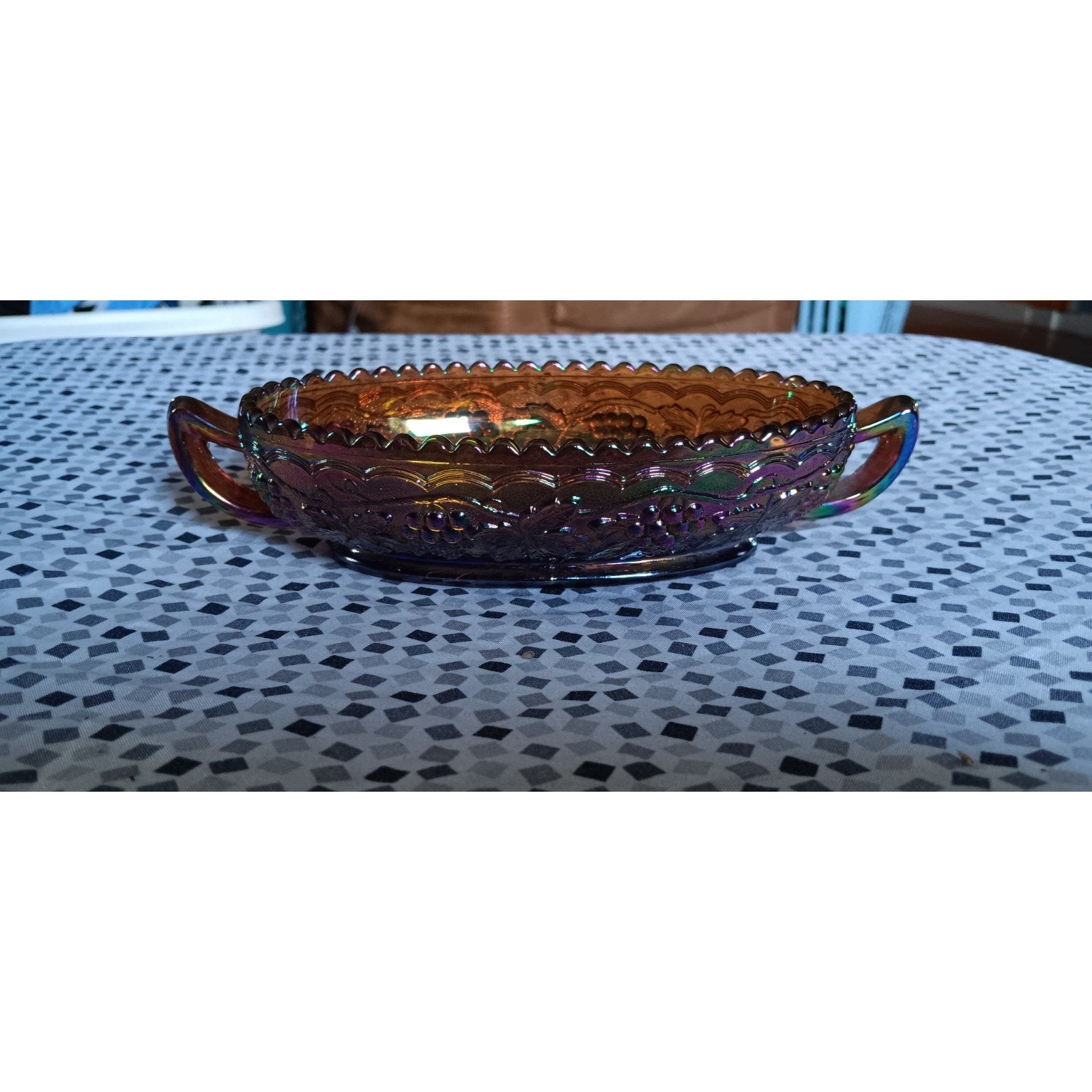 Vintage Imperial Grape Cable Carnival Glass Oval Handled Saw Tooth Rim Bowl