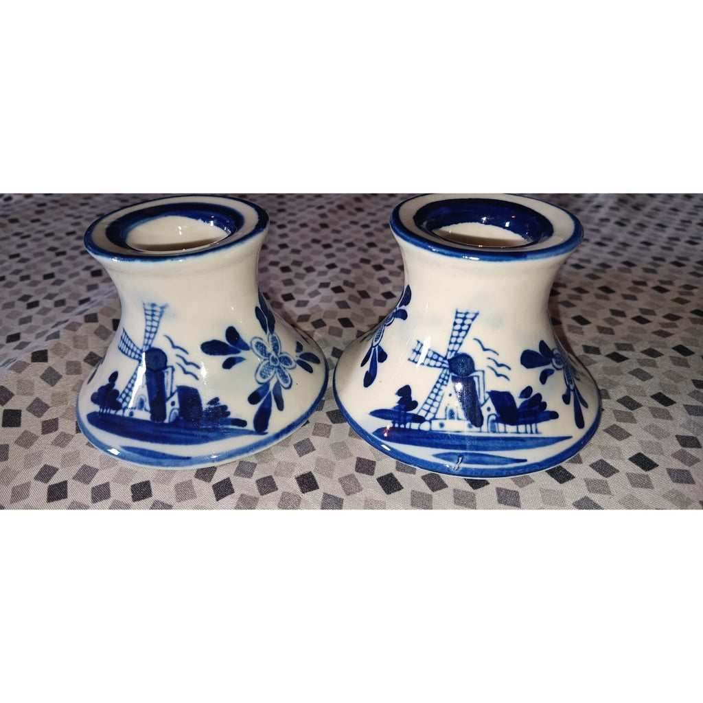 Vtg Ceramic Blue & White Delft Candlestick Holders, Windmill, Holland, Set/2