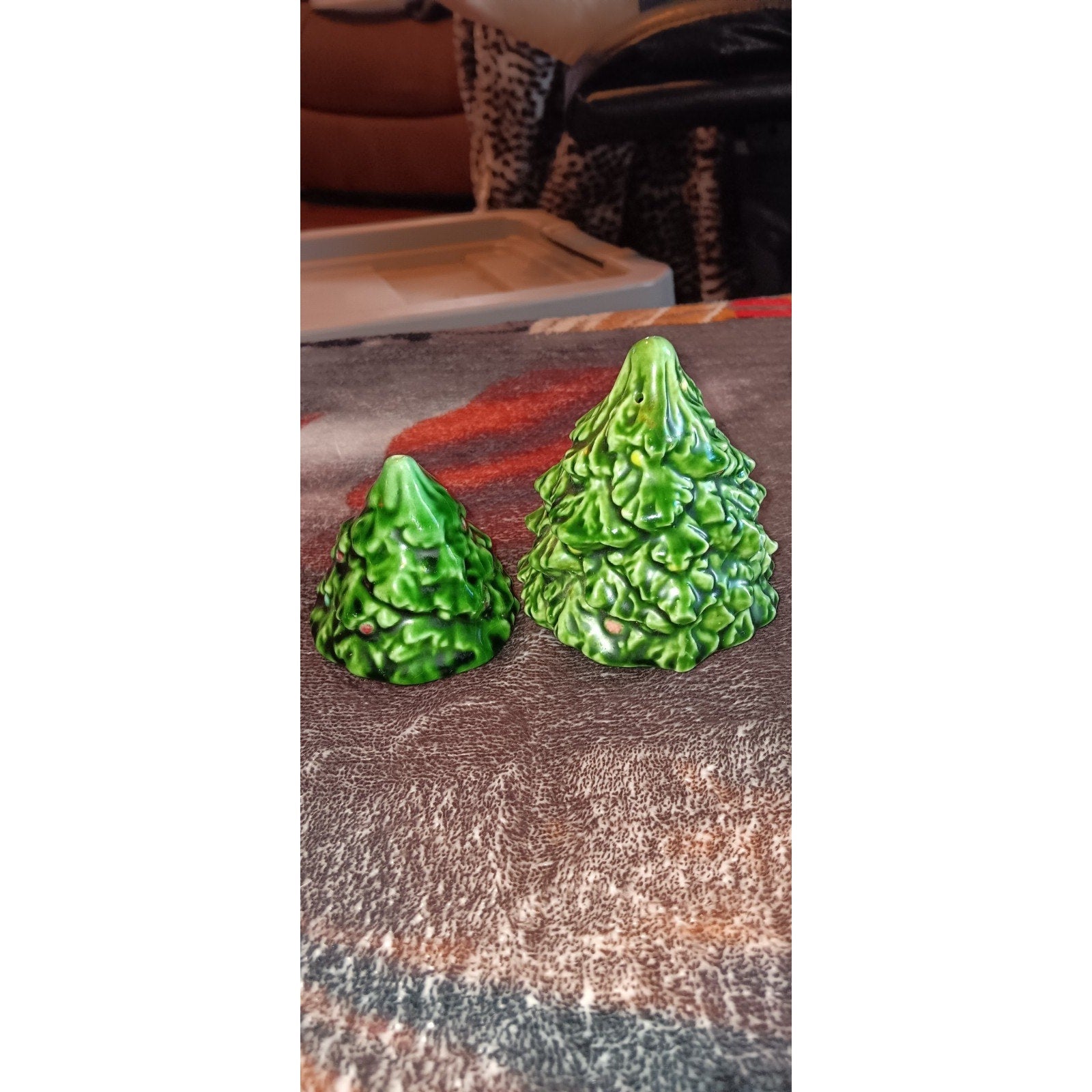 Vtg Signed Hand Crafted Ceramic Christmas Tree Salt & Pepper Set (Need Stoppers)