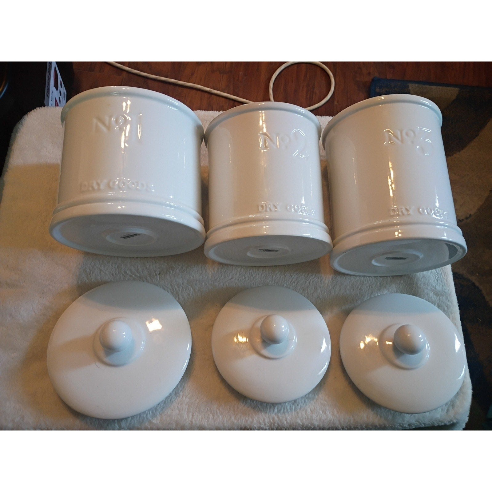 Fitz And Lloyd Milk White Canister Set Of 3 No1,2,3 With Lids Complete Set