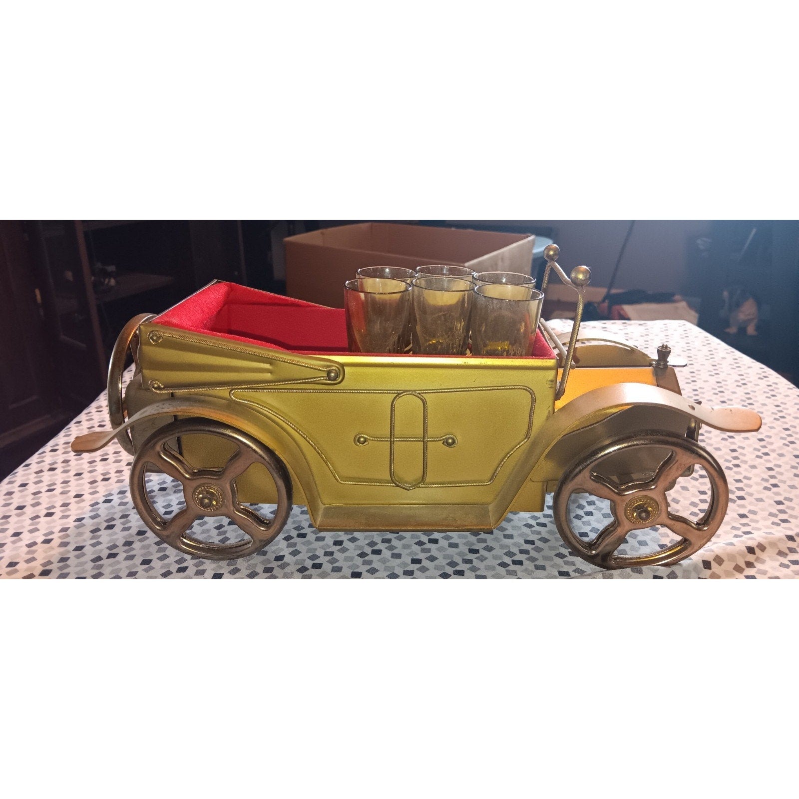 VTG Golden Crown Metal Model T Music Box Bar Car Decanter Set w/ Amber Glass