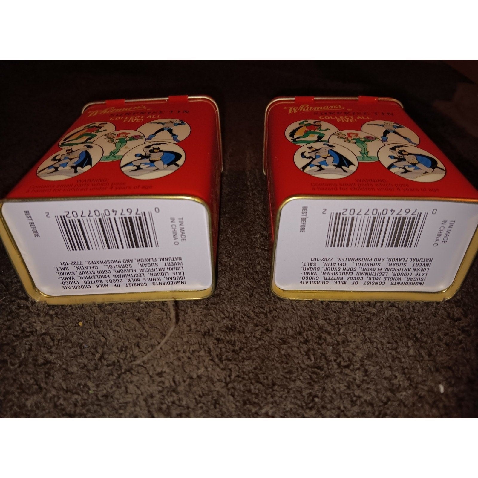 2 Vintage Surprise Tin Batman 1997 Whitman’s EMPTY Candy Container Kid Hideaway
