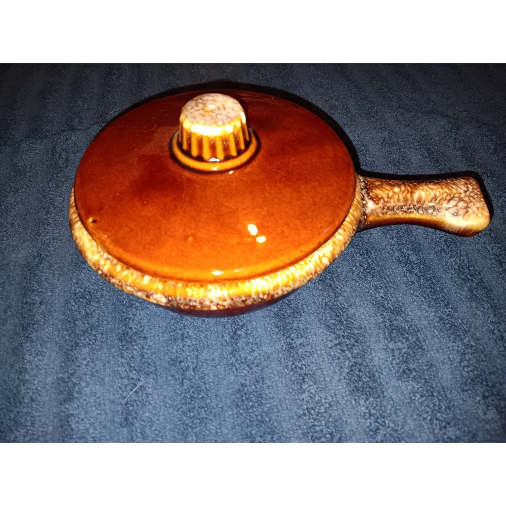 Hull Pottery Oven Proof USA Brown Drip Glaze Soup Bowl Cover Handled Ramekin Vtg