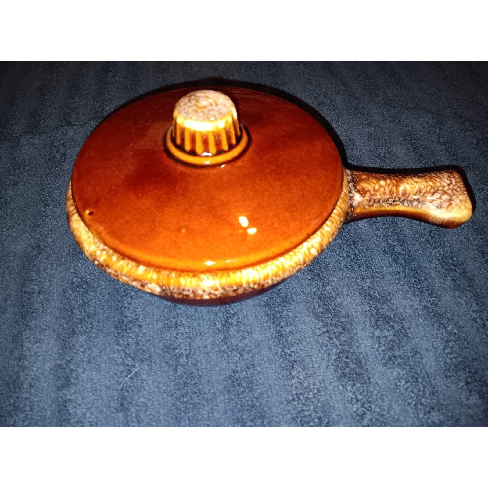 Hull Pottery Oven Proof USA Brown Drip Glaze Soup Bowl Cover Handled Ramekin Vtg