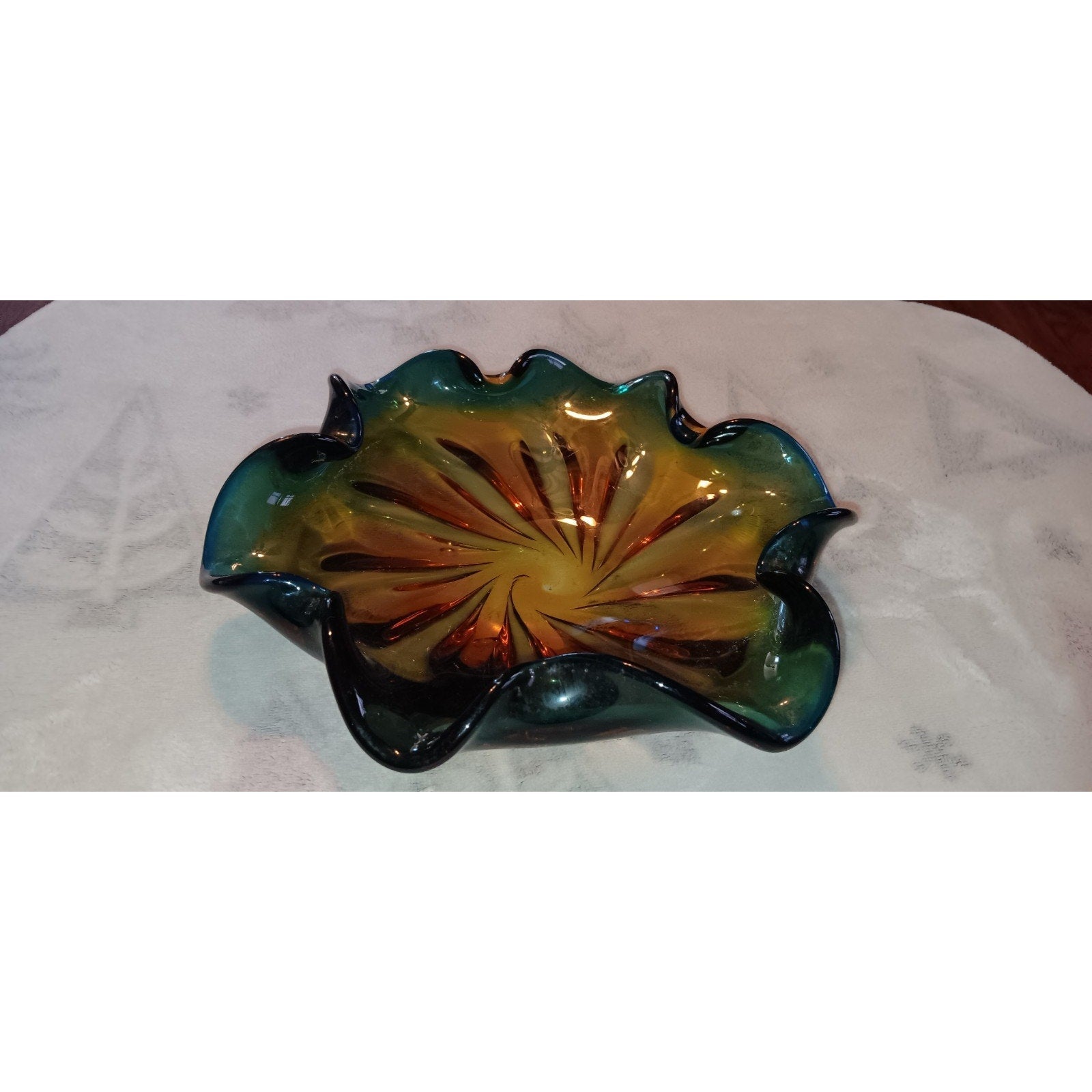 Murano Ruffled Edge Glass Bowl, Green and Amber, 10" diameter
