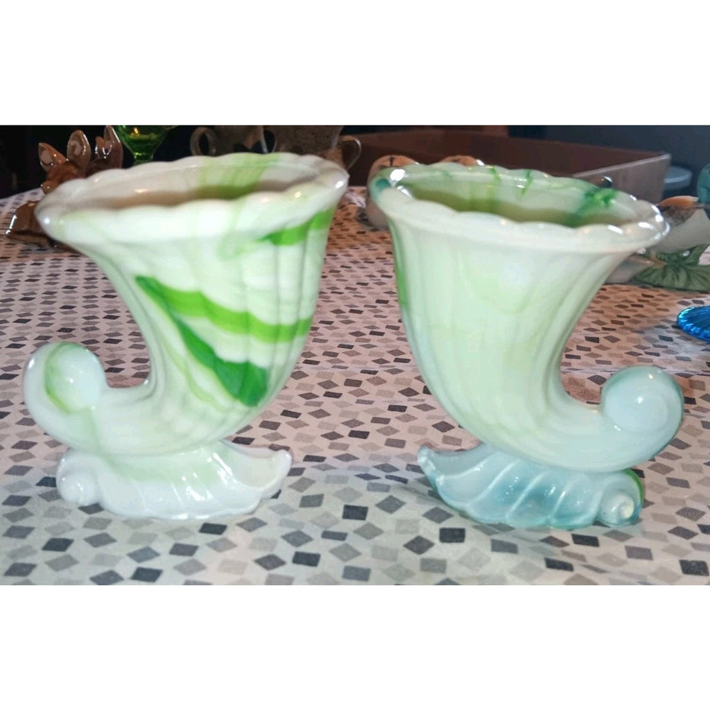 Lot Of 2 Akro Agate Glass 1940’s Green & White Slag Cornucopia Miniature Vase