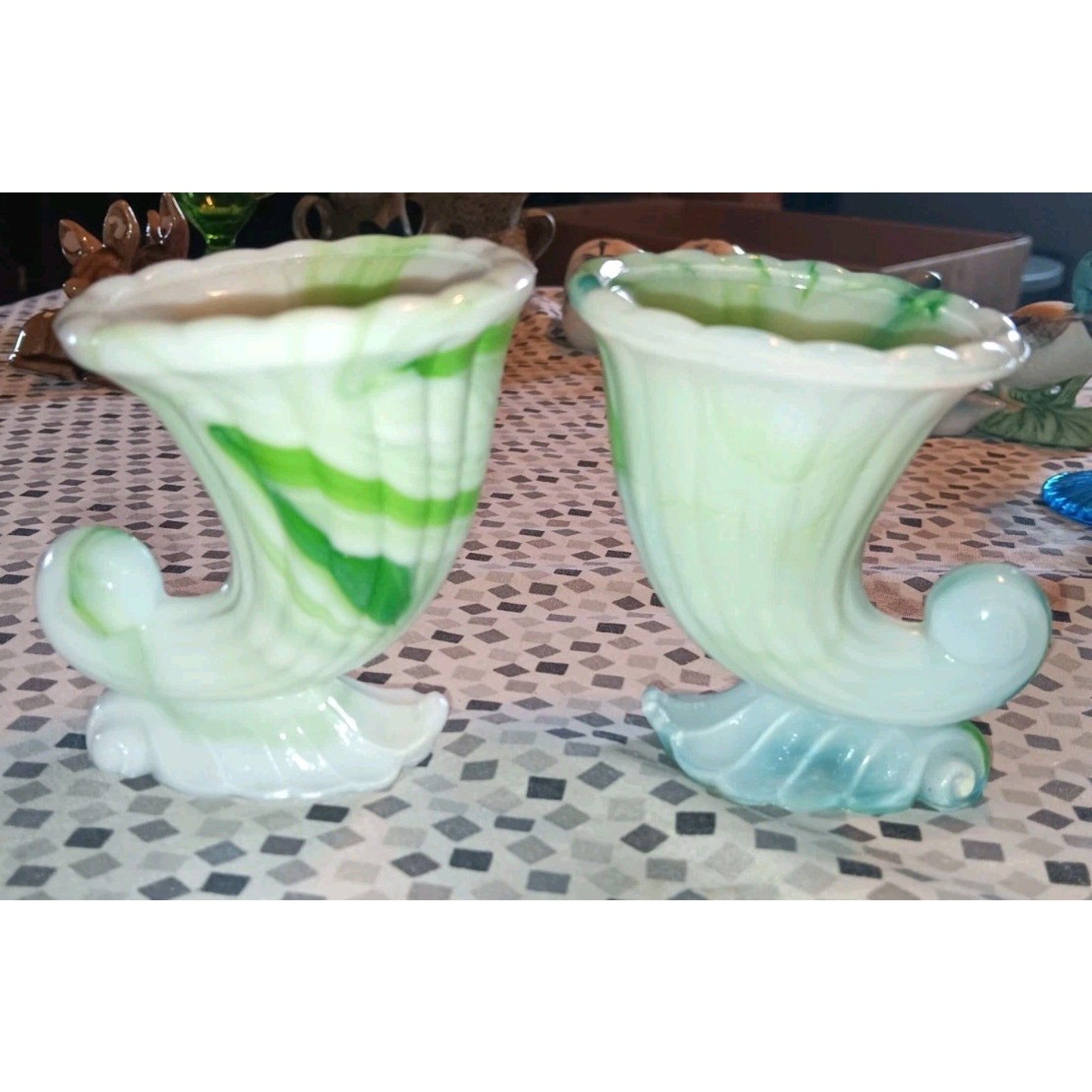 Lot Of 2 Akro Agate Glass 1940’s Green & White Slag Cornucopia Miniature Vase