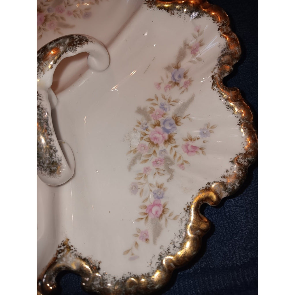 Lefton Hand Painted 3 Handled Divided Candy Dish Pink Blue Roses Gold Trim 7056
