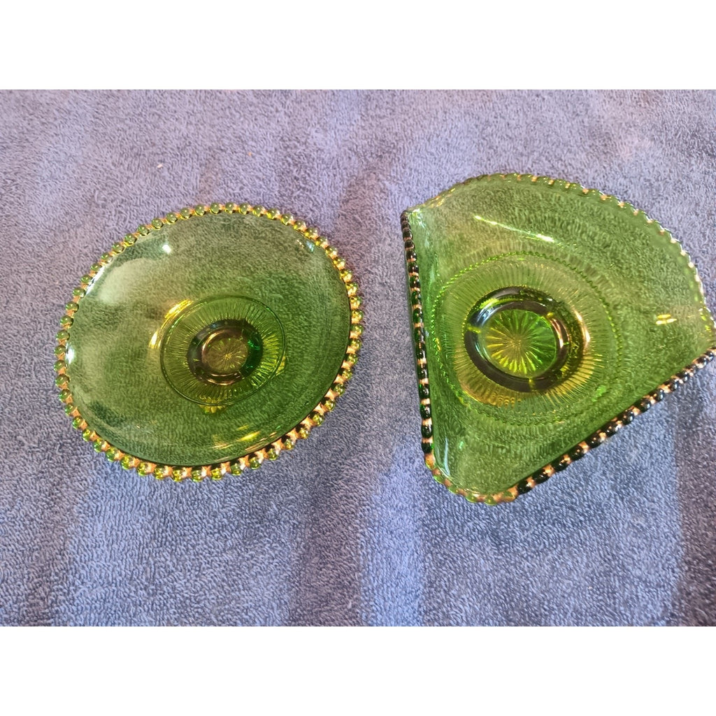 Lot Of 2 Emerald Colorado Greed Lacy Medallion Dish And Wavy Trinket Dish