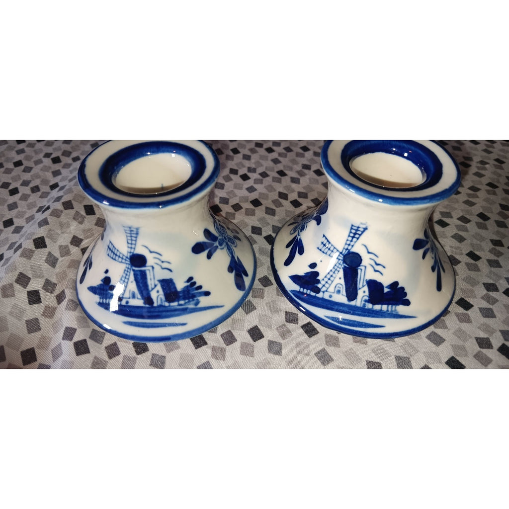 Vtg Ceramic Blue & White Delft Candlestick Holders, Windmill, Holland, Set/2