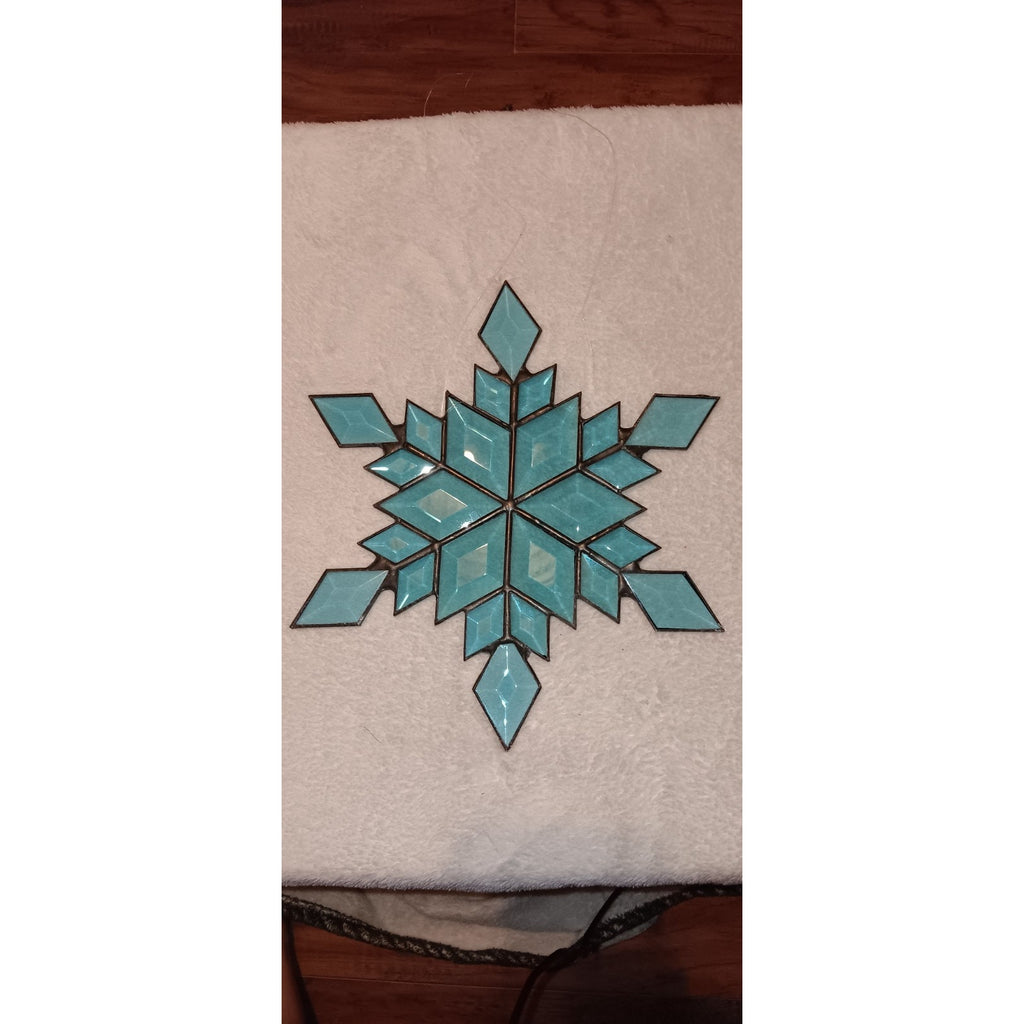 Vintage Blue Homemade Stained Glass Snowflake Suncatcher Ornament 10”