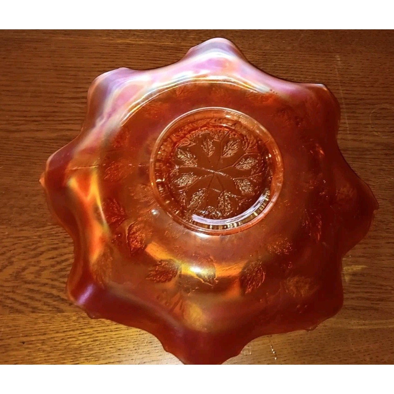 VINTAGE FENTON MARIGOLD CARNIVAL GLASS HOLLY PATTERN RUFFLED BOWL 8”