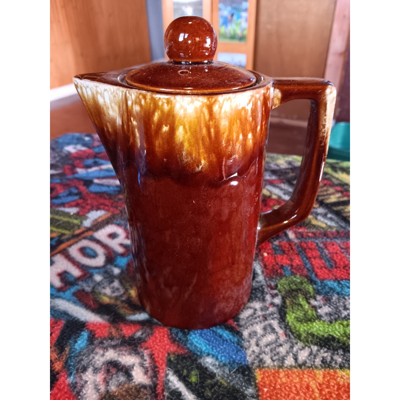 Brown Drip Glaze Teapot Coffee Pot Set Japan Drip Glaze Pottery 6"H Vintage