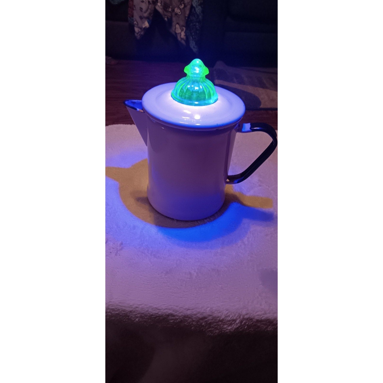 Rare Light Pink & Black Enamelware Coffee Pot W/ Green uranium glass Percolator